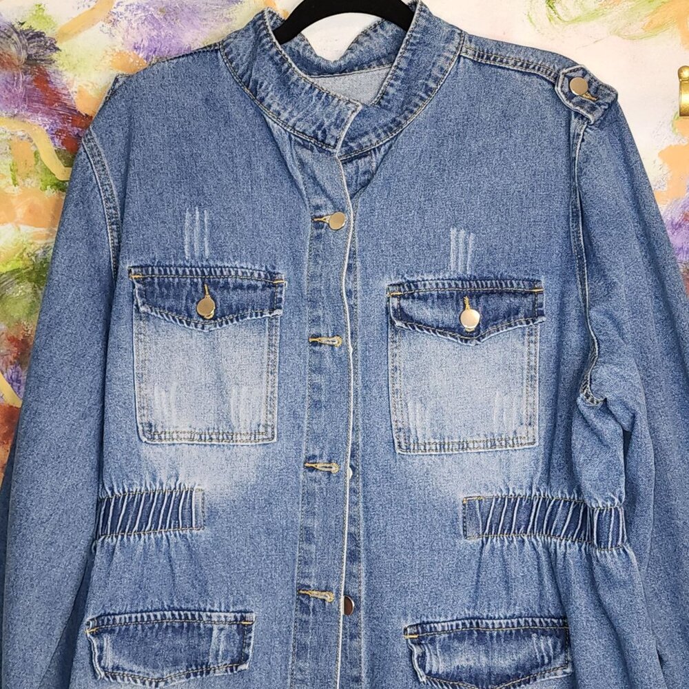 Denim Distressed Vintage Inspired Jacket & Shoulder Epaulet Button Front - Picture 2 of 7